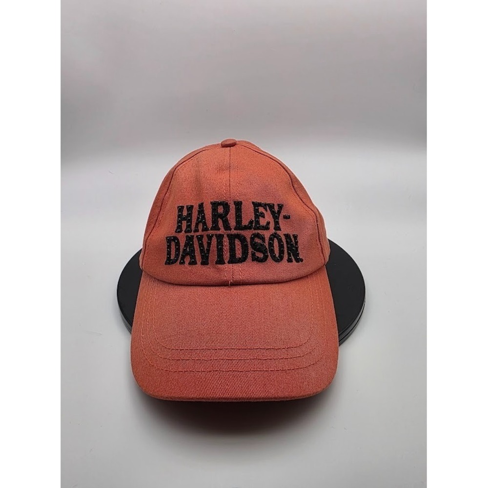 Harley-Davidson Orange Strapback Hat Cap Black Embroidered Logo Winged Patch